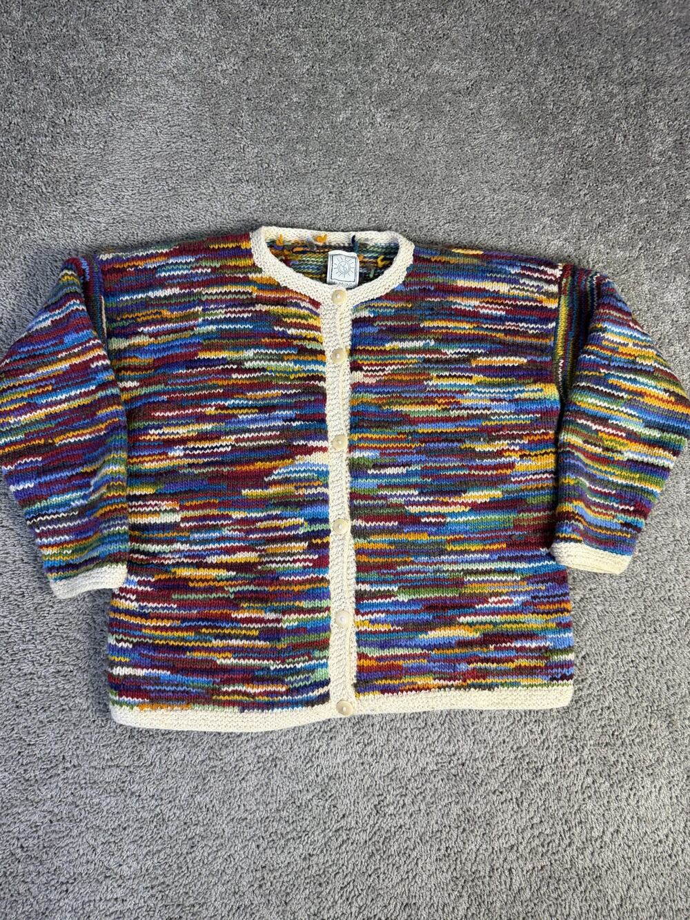 VTG Del Mundo Cardigan Womens OS Multicolor Wool Chunky-Knit Hand Made Ecuador
